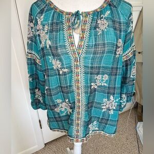 Johnny Was Worshop Blue Blouse with Tie Front size S